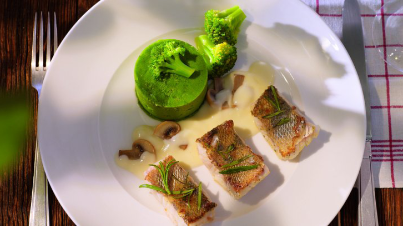 Brokkolipueree-mit-gebratenem-Zander-und-Riesling-Sekt-Schaum